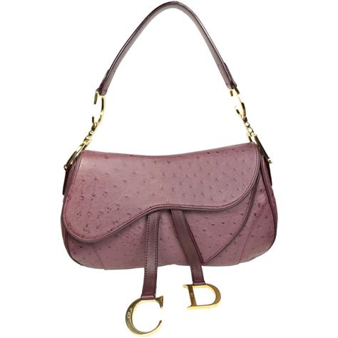 dior aubergine ostrich double saddle handbag with gold cd hardware at