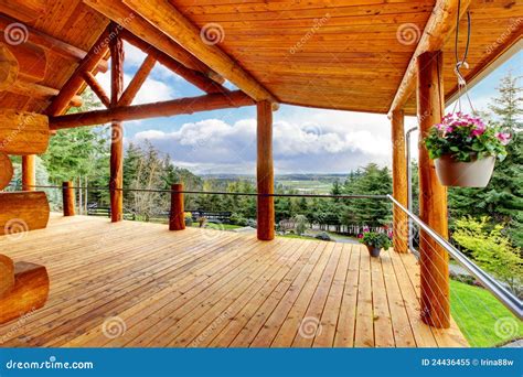 beautiful view   log cabin house porch royalty  stock photo image