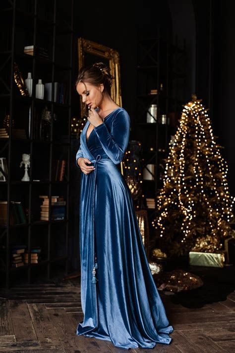 Blue Velvet Dress Evening Long Dress Cocktail Velvet Robe