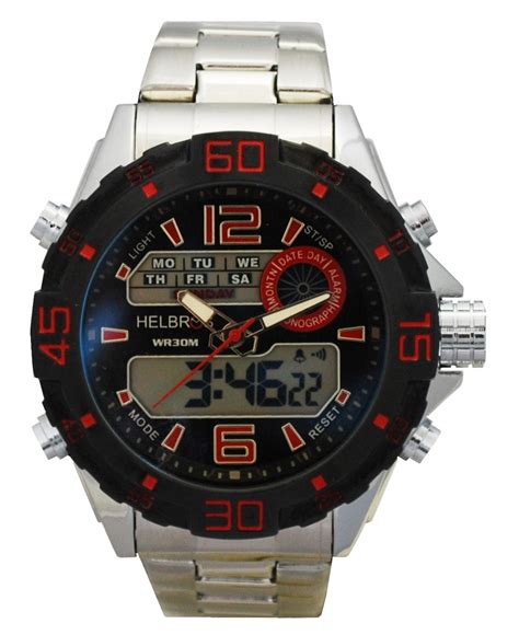men s ana digi chronograph watch with stainless bracelet and red accents