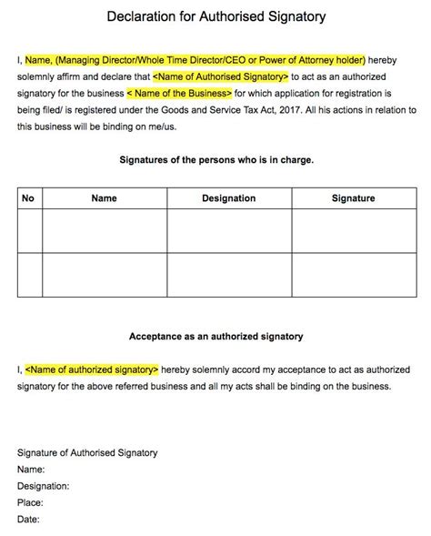 gst registration declaration  authorised signatory format