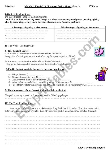 module i lesson4 pocket money esl worksheet by kaousassi