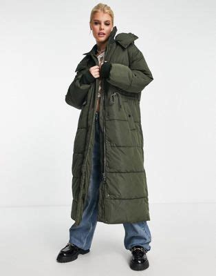 bershka lange gewatteerde puffer jas met hoodie  donkergroen asos