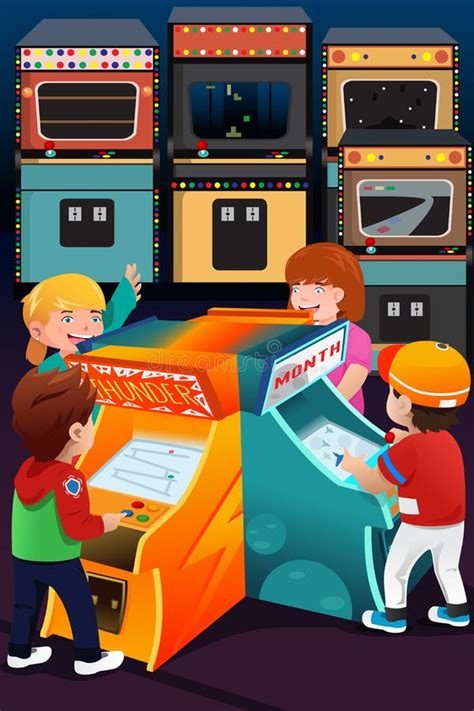 kids playing arcade games stock vector illustration  young