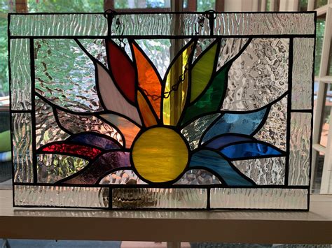 Stained Glass Sunburst Panel Window Hanging Sunset Sunrise Etsy