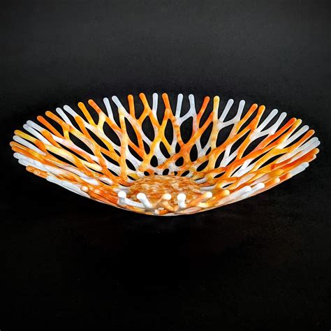 Handcrafted Glass Art Coral Bowl In Orange And White Surf Decor The