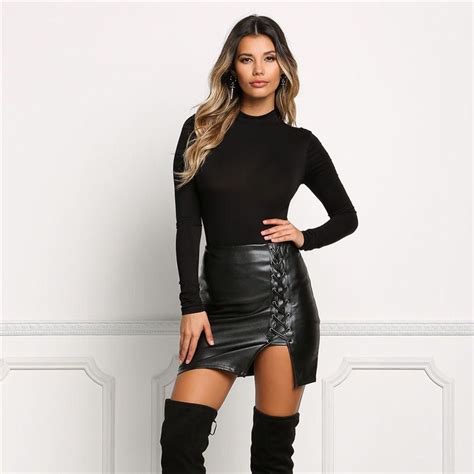 2017 women black pu leather a line skirt high waist pack hip short