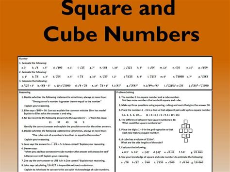 square and cube numbers problem solving mastery worksheet teaching