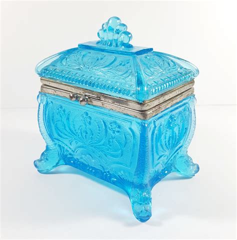Vintage Antique Blue Glass Trinket Box Jewelry Box With