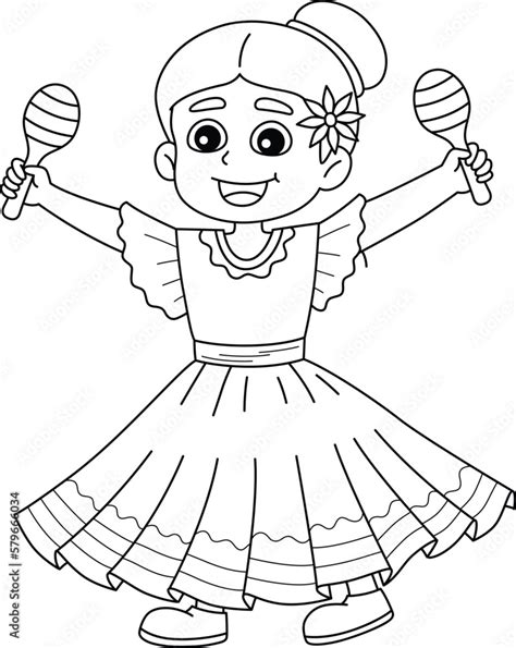 mexican girl with maracas isolated coloring page stock vector adobe stock