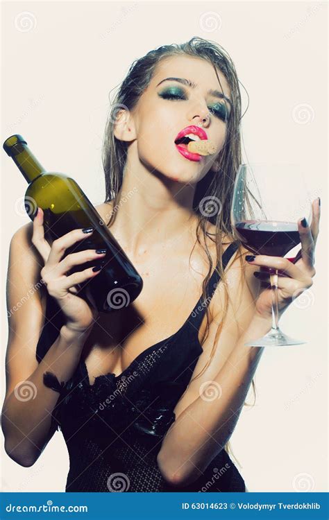 Woman With Wine Bottle And Glass Stock Image Image Of Sensuality