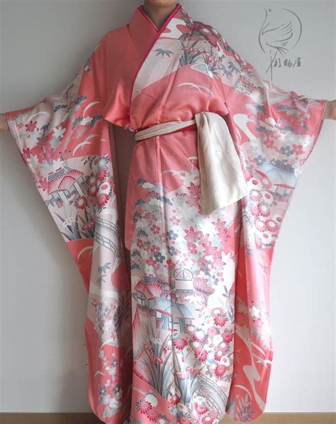 vintage silk furisode kimono robe japanese formal long sleeve maxi kimono gown dress womens