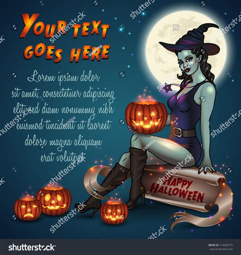 Sexy Pinup Witch Pumpkins Sitting On Stock Vector