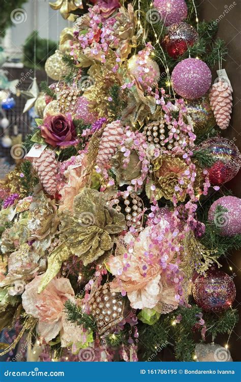 beautiful christmas tree decorate composition  baubles flowers