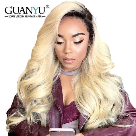 Guanyuhair Malaysian 1b 613 Ombre Blonde Lace Front Wigs Remy Human