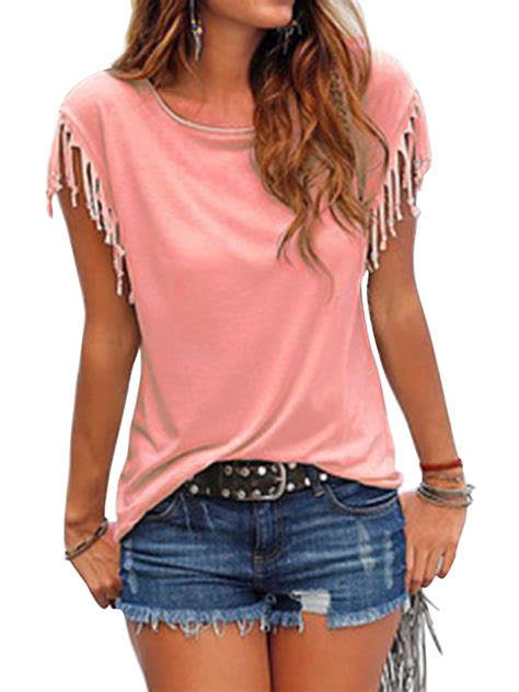 women summer short sleeve tassel casual tops blouses solid t shirt