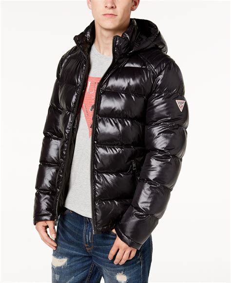 guess synthetic mens hooded puffer coat  black  men lyst