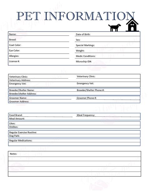 pet information sheet dog care sheet dogcare business dog etsy dog