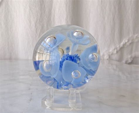 Vintage Glass Paperweight Blue Flower Controlled Bubble Joe St Etsy
