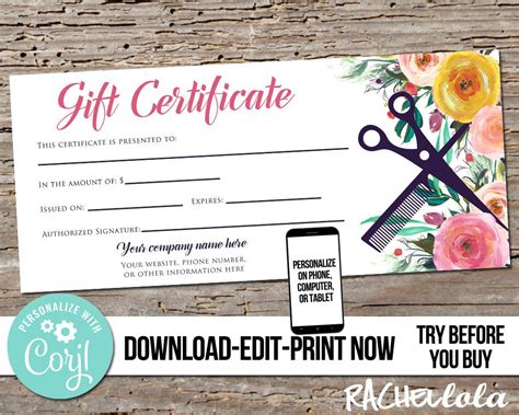 editable custom hair salon gift certificate template etsy