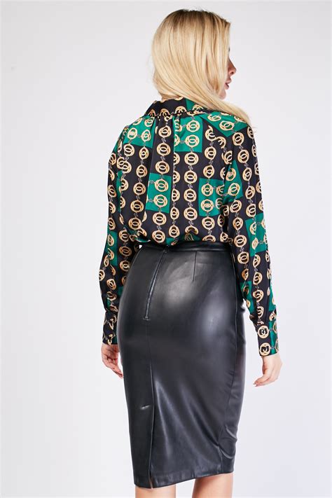 high waist black leather pencil skirt