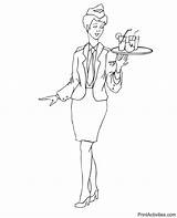 Flight Attendant Coloring Stewardess Busy Serving Drinks sketch template