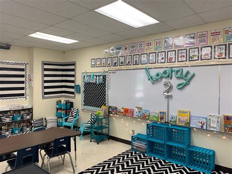 Black And White Classroom With A Pop Of Blue Tones Perfect For Creating