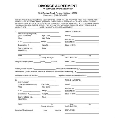 divorce agreement templates sample  format