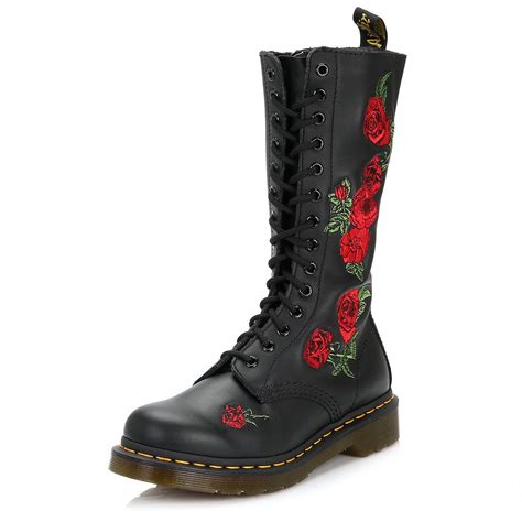 dr martens leather dr martens vonda embroidered rose womens black mid calf boots lyst