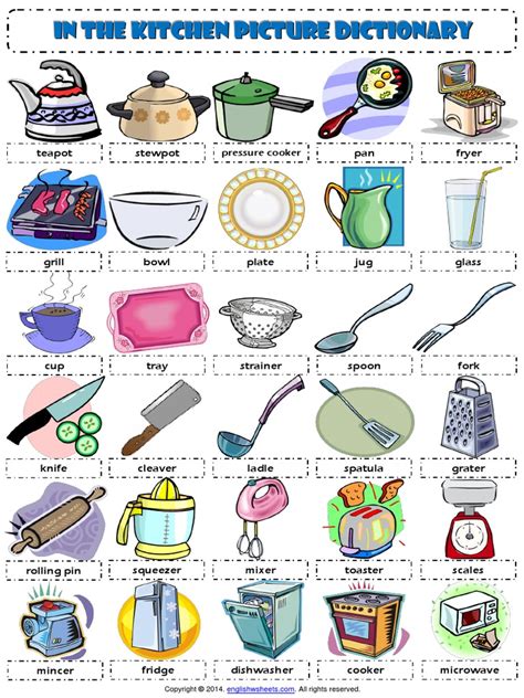 kitchen utensils esl picture dictionary worksheet domestic implements