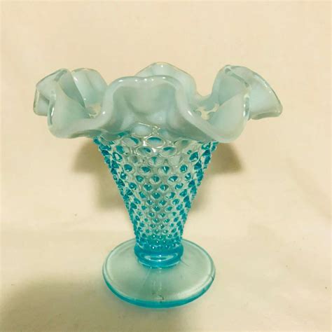 Fenton Hobnail 1950 S Aqua Blue Glass Miniature Ruffle Vase 3 5 8 Tall