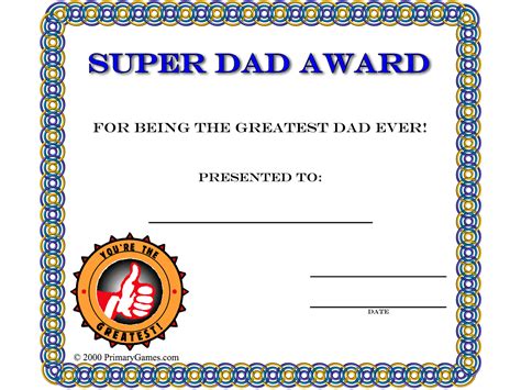 printable super dad award certificate  printable certificate