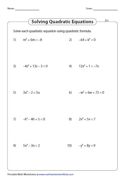 quadratic formula worksheets