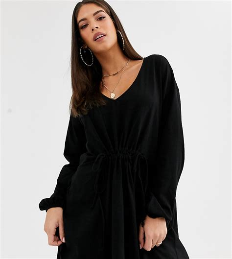 asos design tall aangerimpelde jurk met lange mouwen en trekkoordje op de taille zwart tall