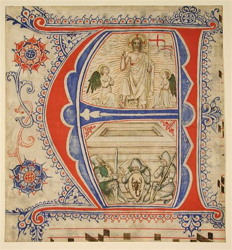 manuscript leaf showing  illuminated initial    resurrection north italian