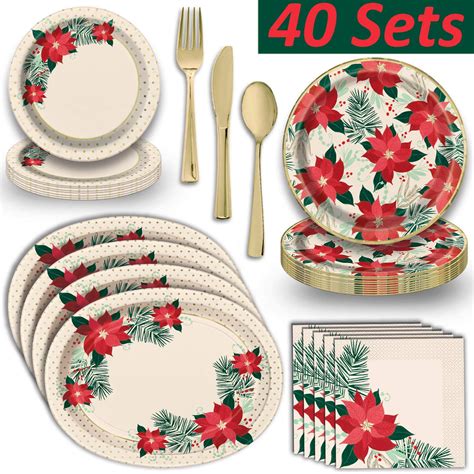 holiday poinsettia dinnerware wshiny gold trim  servings dinner plates dessert plates