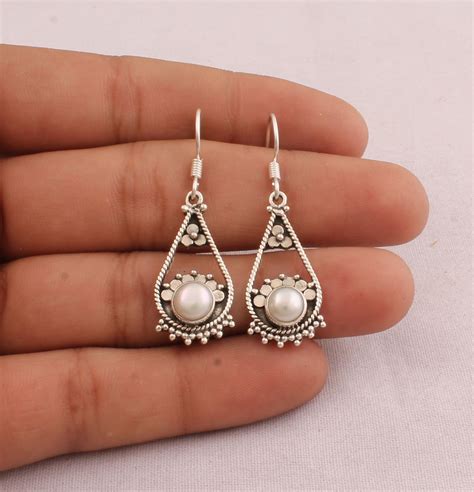 Pearl Dangle Earrings For Women 925 Sterling Silver White Etsy