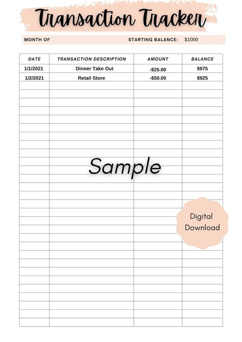 transaction tracker template printable  etsy