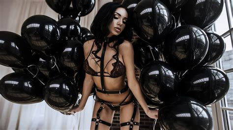 marianna markina superb brunette insta model in sexy leather harness and lace lingerie balloons