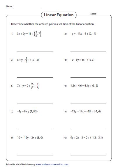 linear equation    worksheets