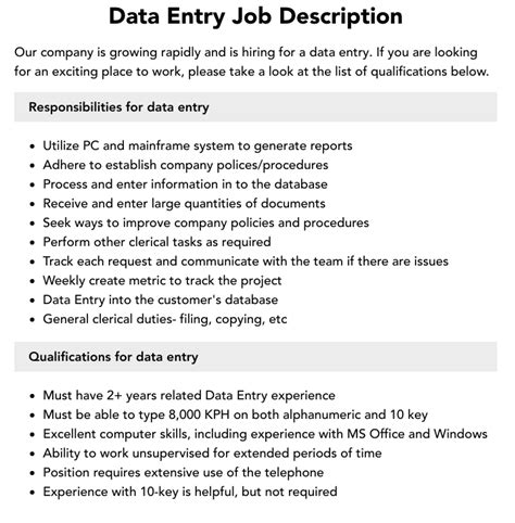 data entry job description velvet jobs