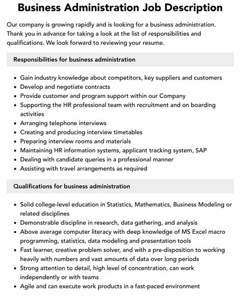business administration job description velvet jobs