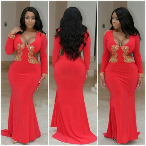 plus size red mermaid evening dress 2017 fashion long sleeve black girl