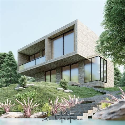 artists rendering   modern house   hill  trees  bushes