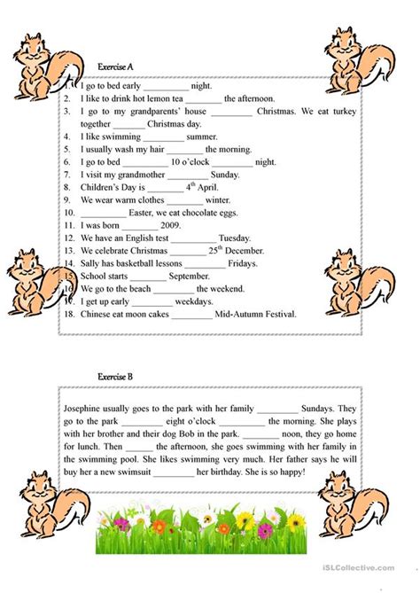 prepositions  time    worksheet  esl printable