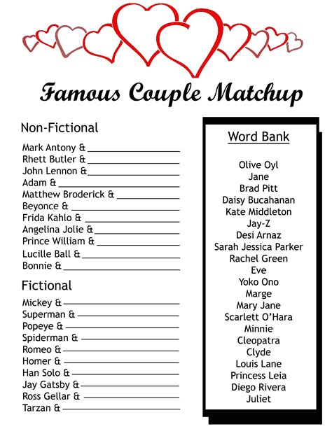 famous couples game  printable printable templates  nora