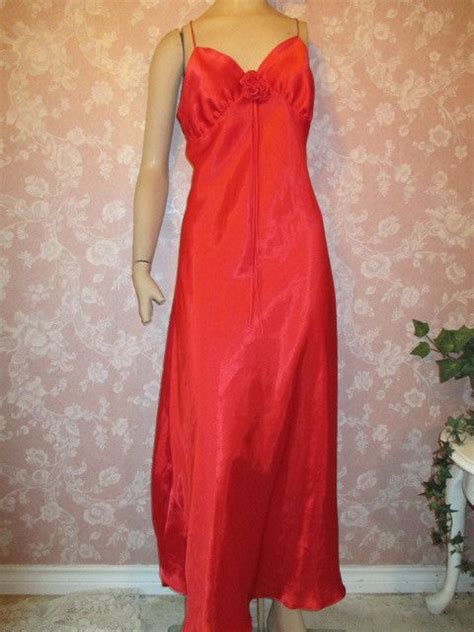 vintage nightgown red liquid satin long l large poppy faux pearl