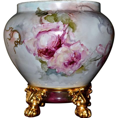 limoges lovely jardiniere  pink  white roses  heavy raised gold detailing porcelain