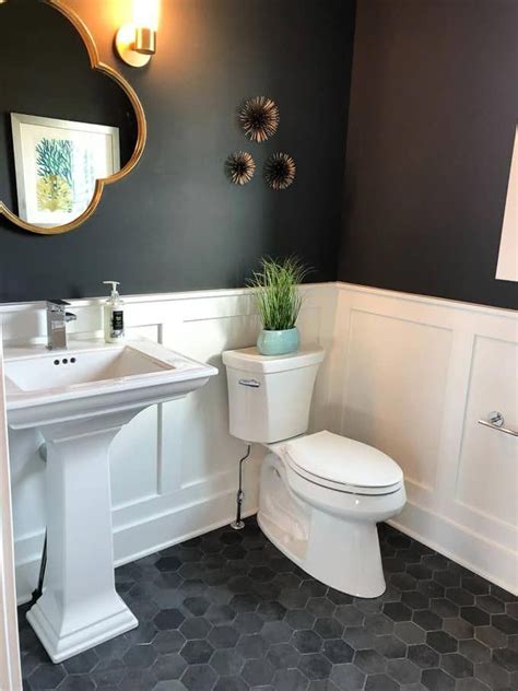 black  white modern bathroom  wainscotting  hex tile bathroomremodel