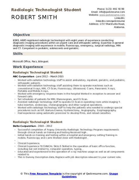 radiologic technologist student resume samples qwikresume